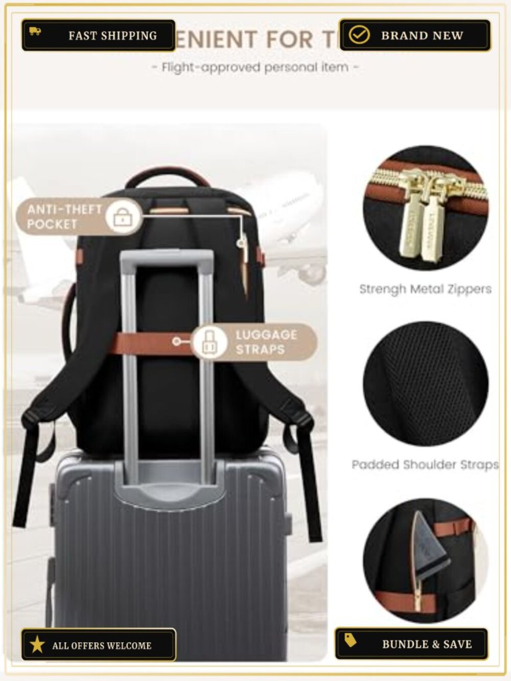 Travel Backpack Carry-On Flight Approved 17" Laptop Backpack with Packing Cubes - Picture 5 of 6
